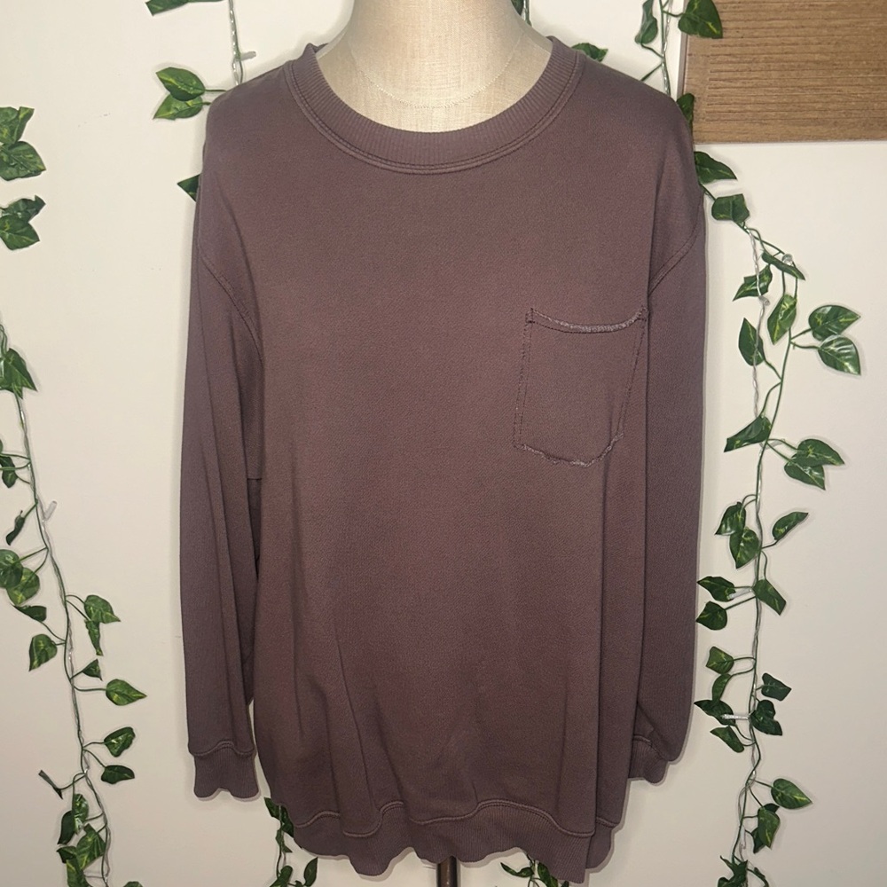 Aerie Oversized Brown Crewneck Front Shirt Pocket